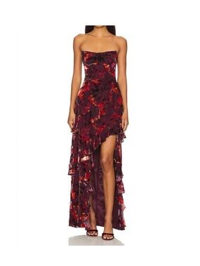 Amanda Uprichard Strapless Burgundy Floral High-Low Ruffle Gown